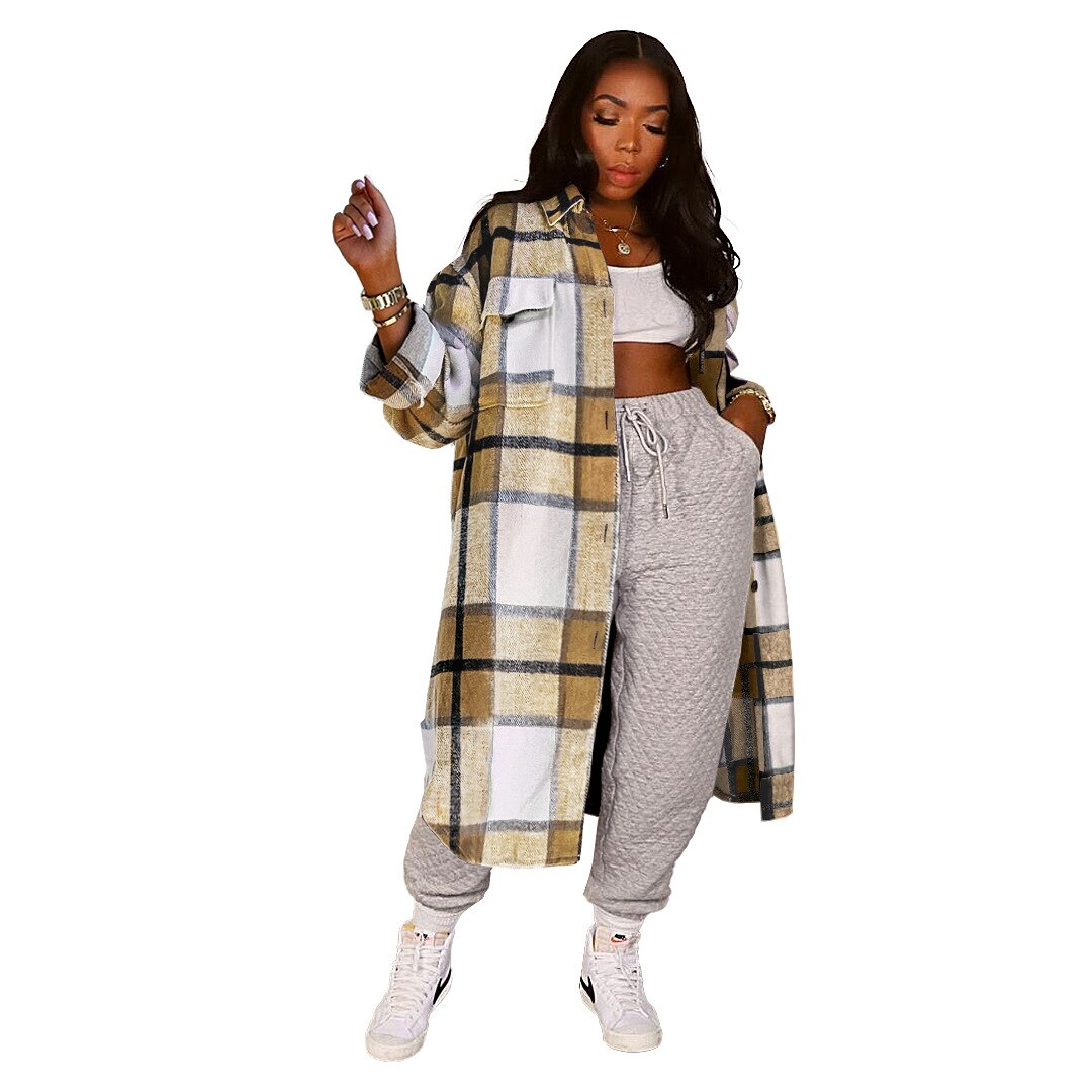 Checkered Coat Single Breasted Long Flannel Plaid Jacket