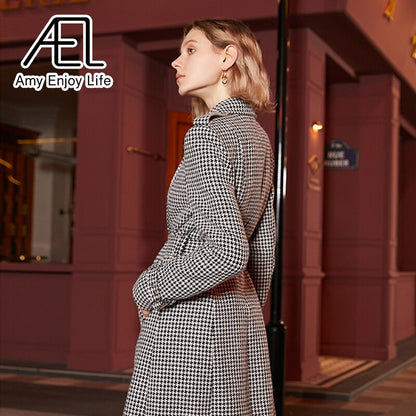 Houndstooth A-Line Trench Coat