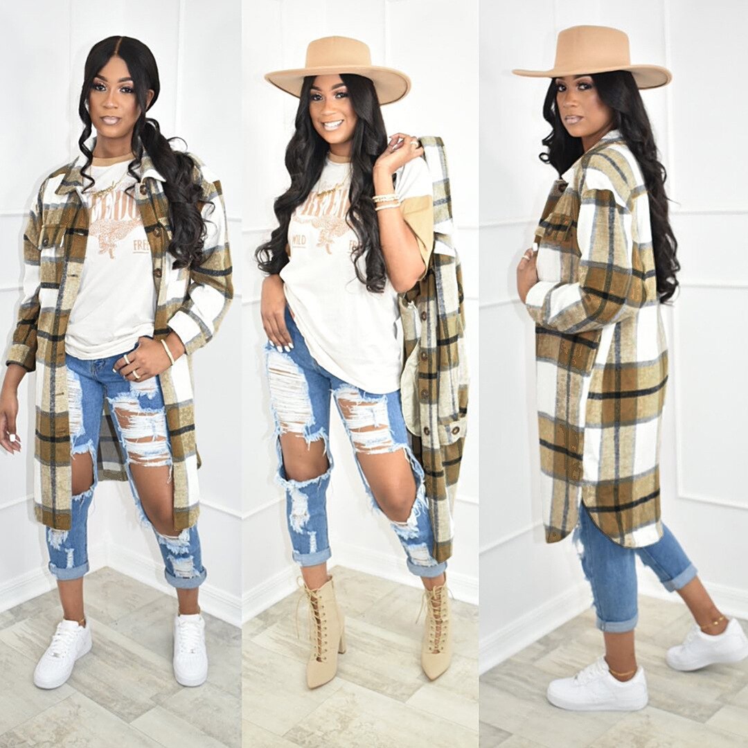Checkered Coat Single Breasted Long Flannel Plaid Jacket