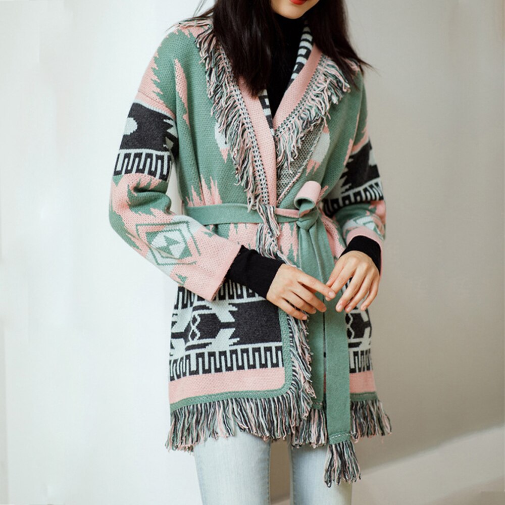 Wool Knitted Tassel Colorful Print Cardigan Sweater