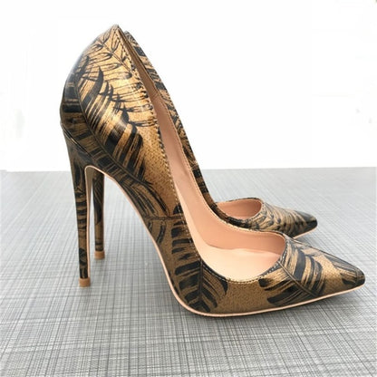 Pattern Printed Gold Patent Pointed Toe High Heels