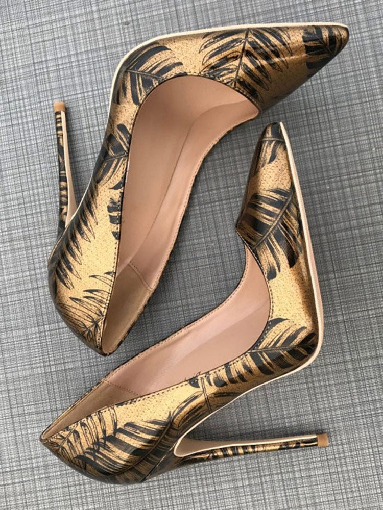 Pattern Printed Gold Patent Pointed Toe High Heels