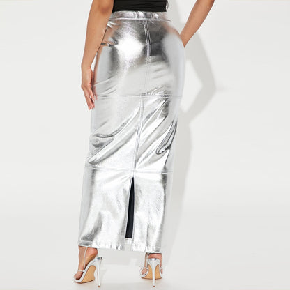 High Waist Metallic Slim Maxi Skirt