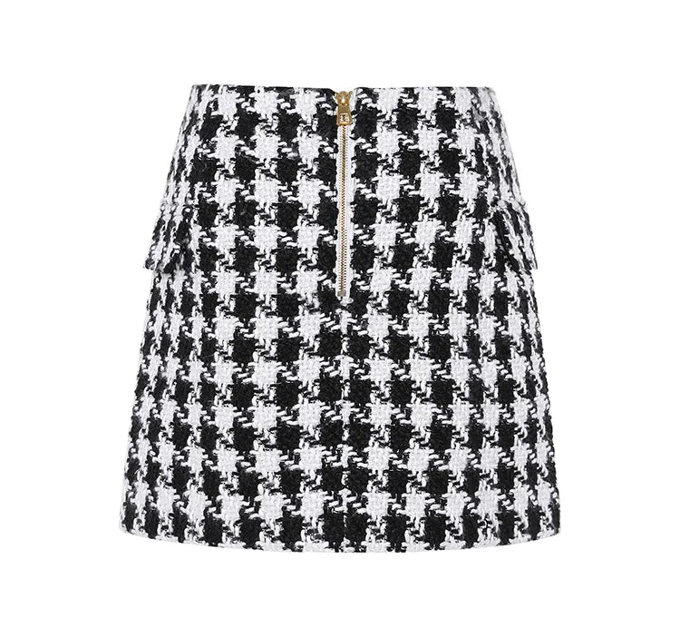 Double Breasted Tweed Wool Houndstooth Mini Skirt