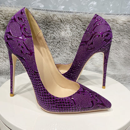 Tikicup Purple Embossed Crocodile Effect Women Pointy Toe Slip On High Heel Shoes for Party Sexy Ladies Dress Stiletto Pumps