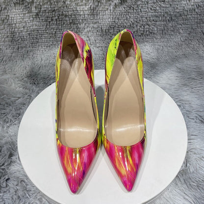 Glossy Colorful Print Women Pointed Toe High Heels