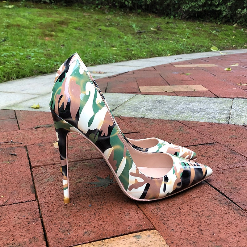 Tikicup Women Camouflage Patent Pointy Toe High Heel Shoes Unique Ladies Fashion Dress Stiletto Pumps Plus Size 33-45