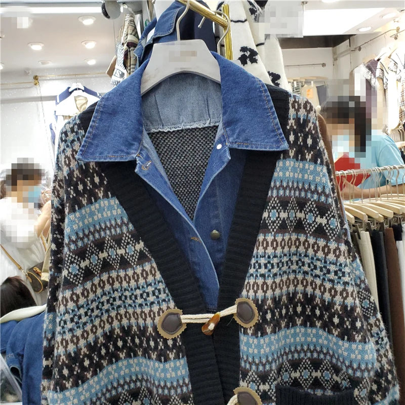 Sweater Denim Stitched V Neck Single Button Cardigan