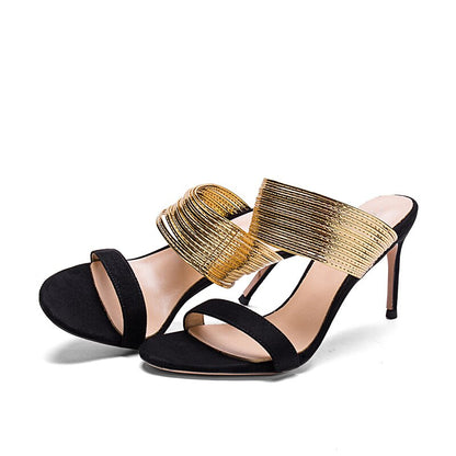 Open Toe Design with Gold Leather Cutouts and Thin Heels