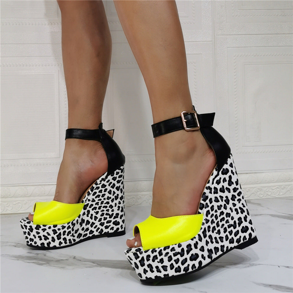 Oversized Color Block Leopard Print Wedge Heel Sandals