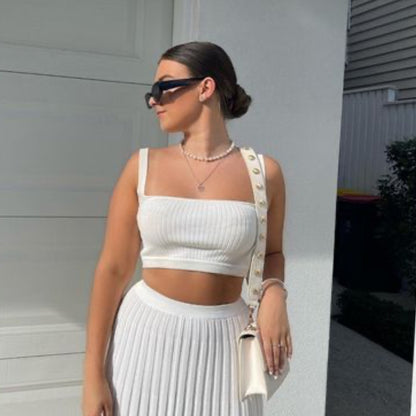 Tossy New White Knit Two Piece Women Sets Fall Ribbed Tank Top And Pleated Knitted Skirt Suits For Women Long Dress Sets Summer