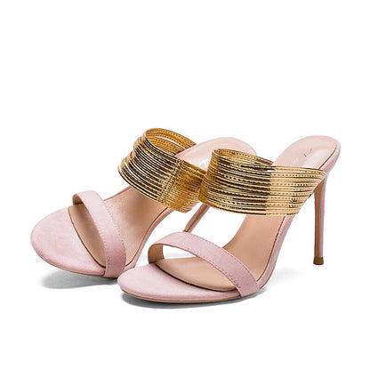 Open Toe Design with Gold Leather Cutouts and Thin Heels