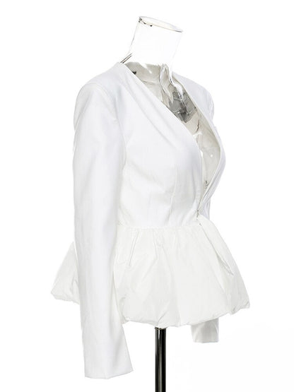 Women White Pleated Elegant Blazer New V-collar Long Puff Sleeve Loose Fit Jacket Fashion Spring Autumn