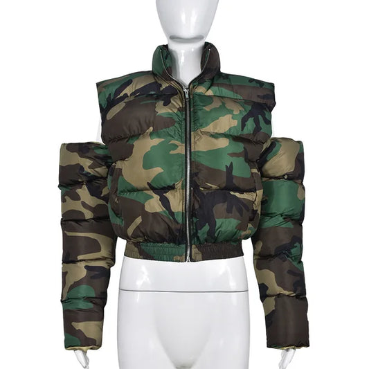 Cotton-padded Stand Collar Hollow Out Camouflage Parkas