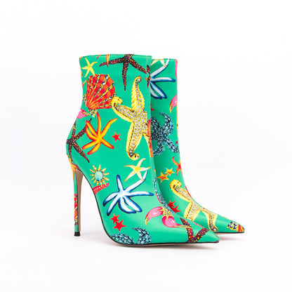 Women's stylish ankle boots - pointed toe, mixed colors, stiletto high heels, exuding sexiness, available in plus big sizes.