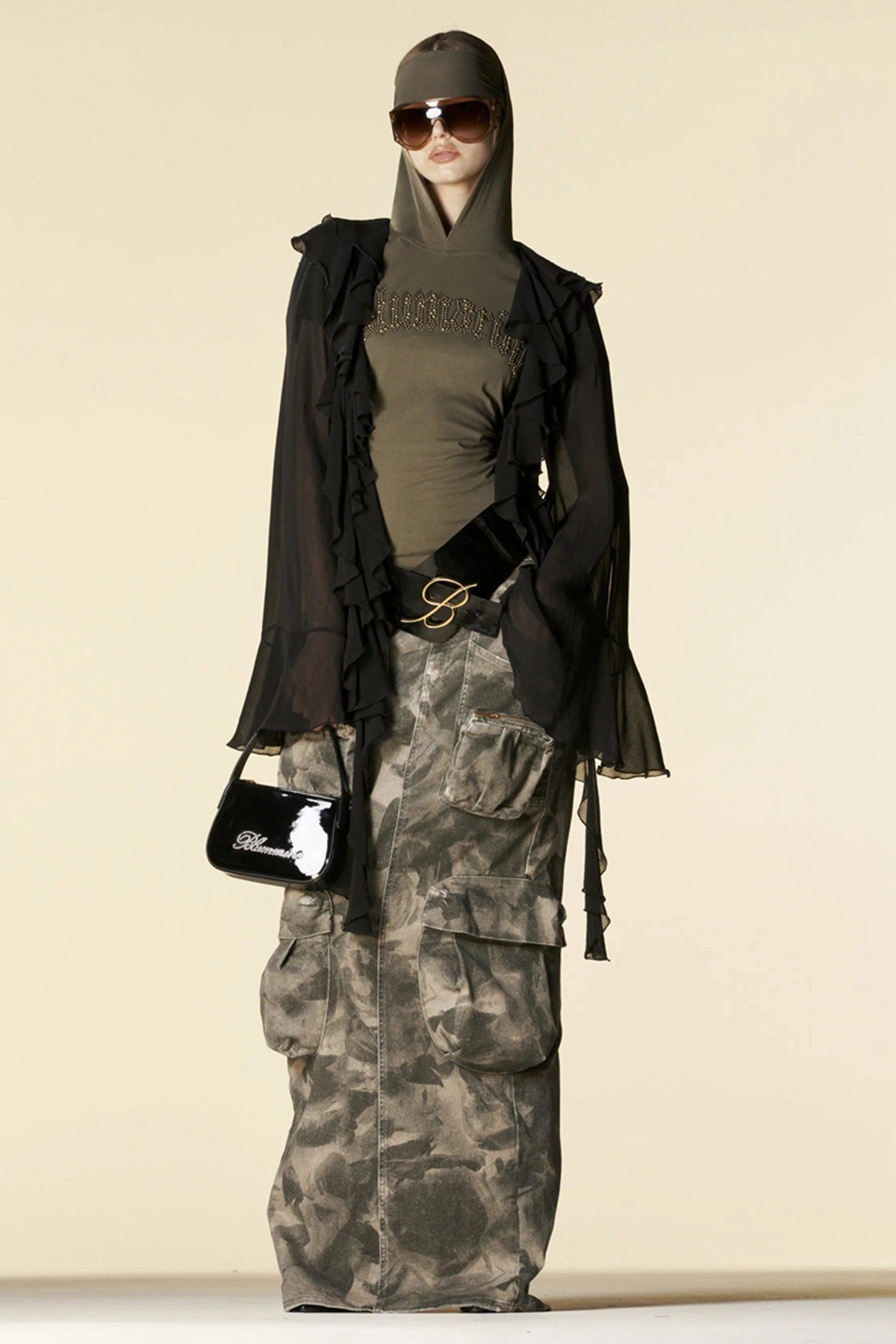 Functional Long Denim Skirt: Khaki Green Camouflage, Multiple Pockets, Straight Tube, Ideal for Work