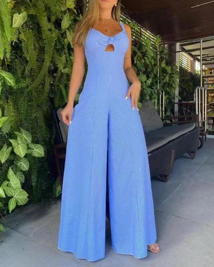 Sleeveless solid color casual loose striped wide leg jumpsuit