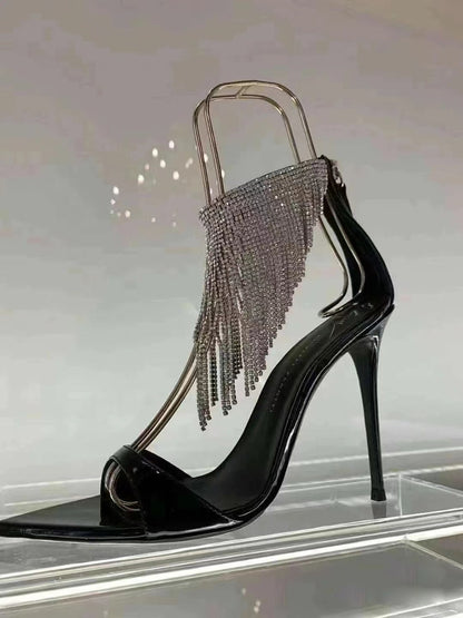 Women's Elegant High-Heeled Shoes: Pointed Toe, Slim Heels, Tassel Details, Rhinestone Embellishments