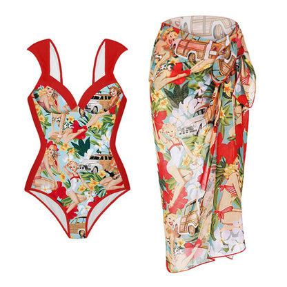 Bikini Lace-up High Waist Retro Printed Two-piece Swimsuit Set