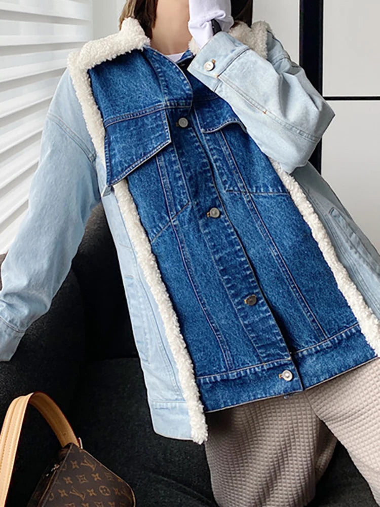 Denim Lamb Wool Collar Jacket