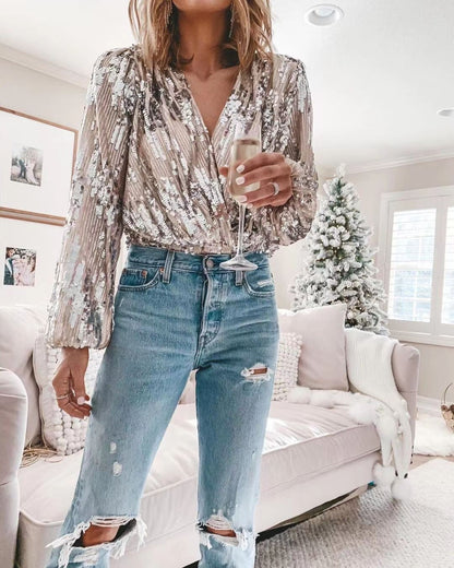 Fashionable V-neck Long Sleeved Party Sequin Top