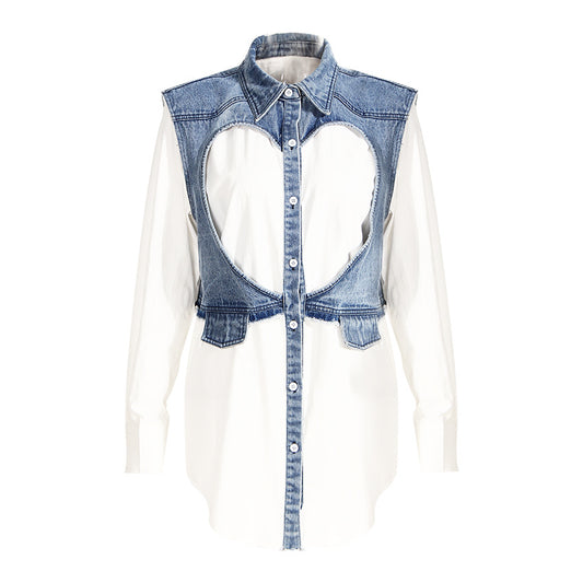 Denim Shirt Lapel Loose Hollow Out Single-Breasted Denim Blouse