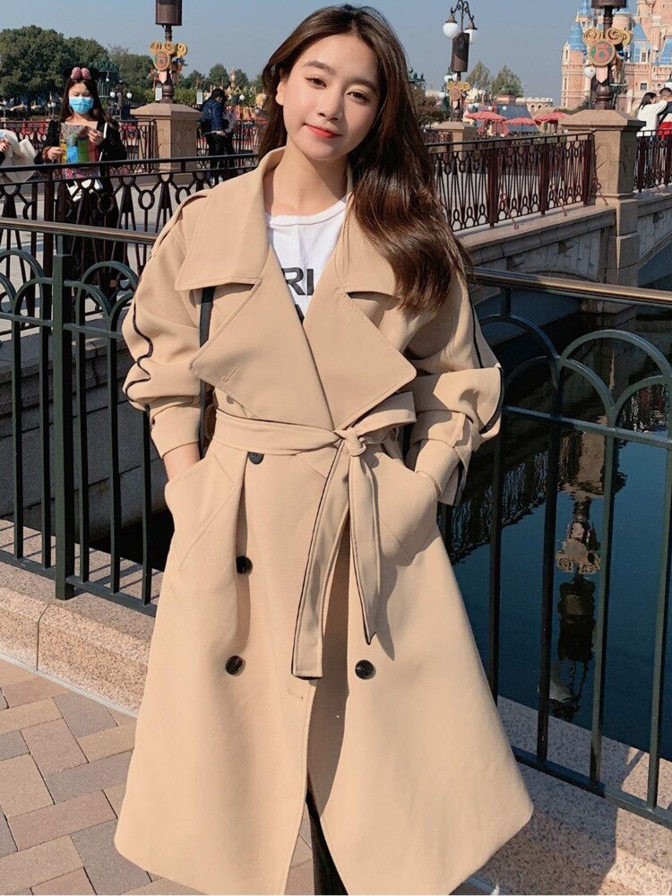 Contrast Color Long Double-Breasted Trench Coat