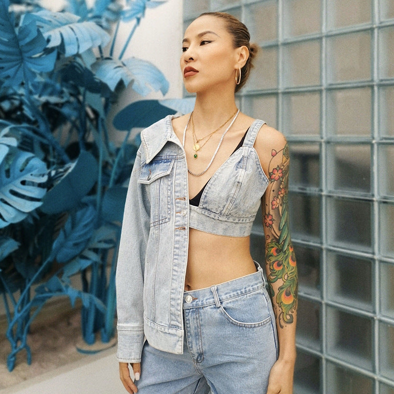 Half-Wrapped Chest Design Denim Top