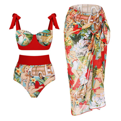 Bikini Lace-up High Waist Retro Printed Two-piece Swimsuit Set