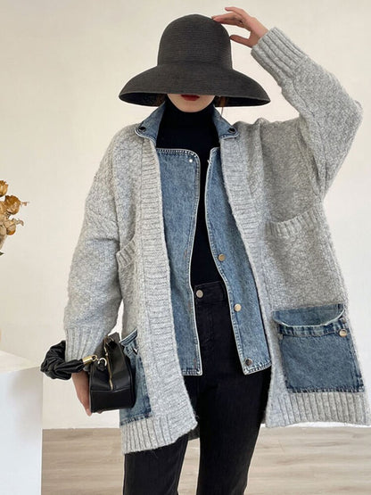 Vintage Colorblock Long Sleeve Patchwork Denim Jacket