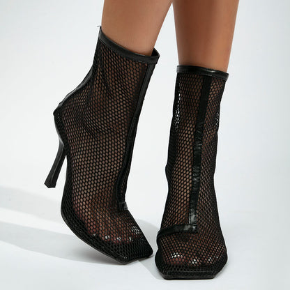 Square Toe Hollow Mesh Ankle Boots