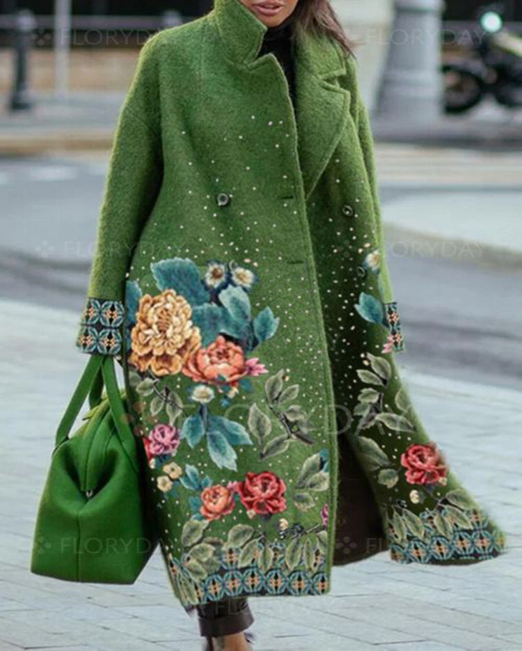 Long Sleeve Printed Woolen Coat