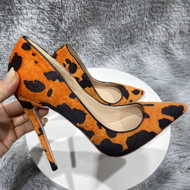 Cow Print Hairy Flock Pointy Toe High Heel Shoes