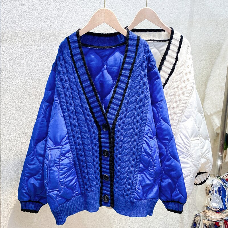 Single Breasted Full Sleeve Patchwork Thickened Knitted Cardigan