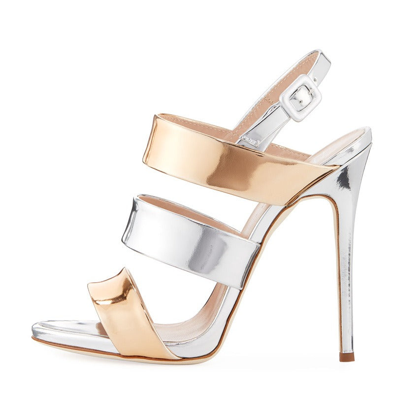 Fashionable Open-Toe Sandals: European and American Style, Patent Leather, Silver and Gold, High Heels