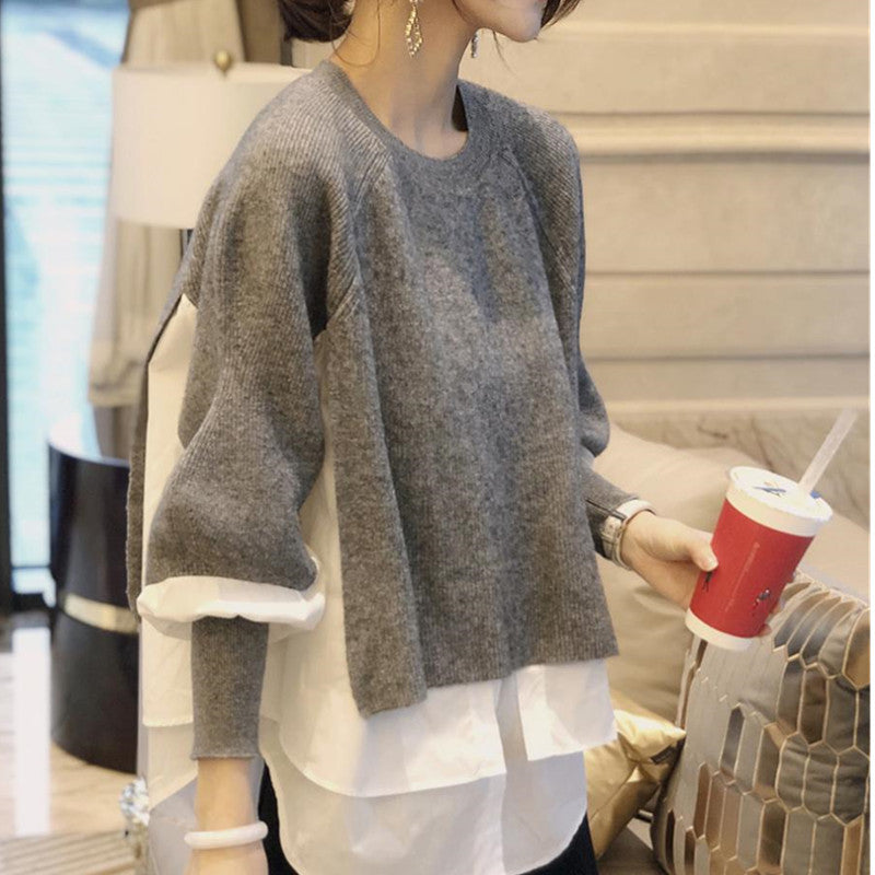 Women's Sweater Splicing Shirt Fake Two-Piece Set Female Temperament Knitted Tops