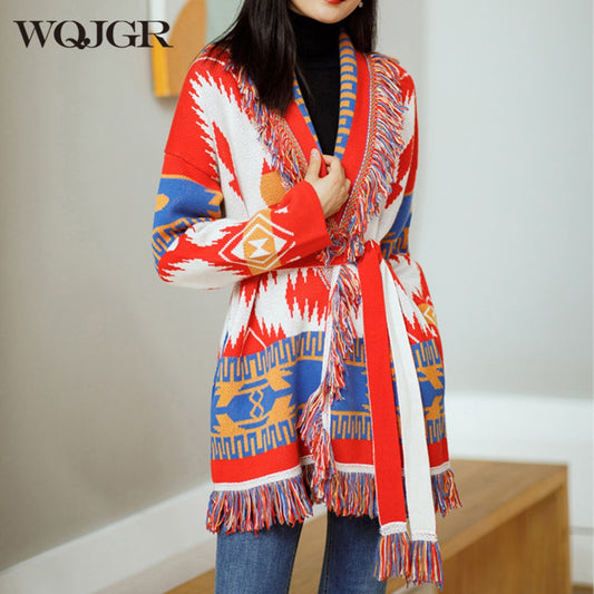 Wool Knitted Tassel Colorful Print Cardigan Sweater