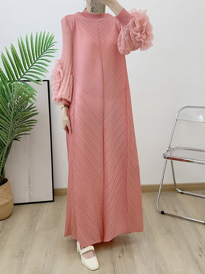 Pleated Dress Round Neck Spliced Fungus Full Sleeve Dress