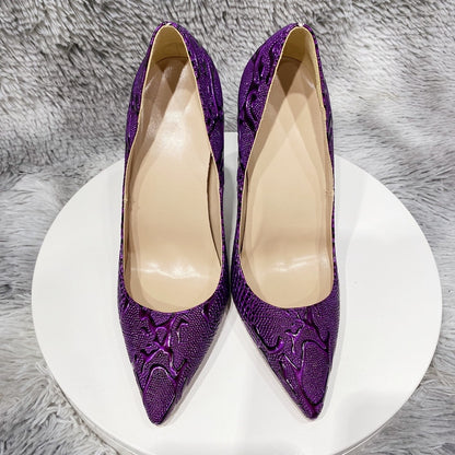 Tikicup Purple Embossed Crocodile Effect Women Pointy Toe Slip On High Heel Shoes for Party Sexy Ladies Dress Stiletto Pumps