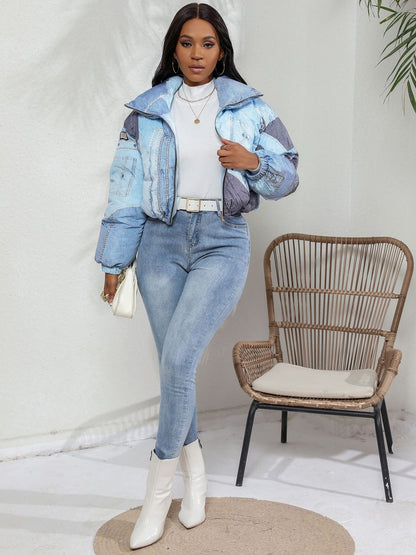 Faux Jean Printed Long Sleeve Parka