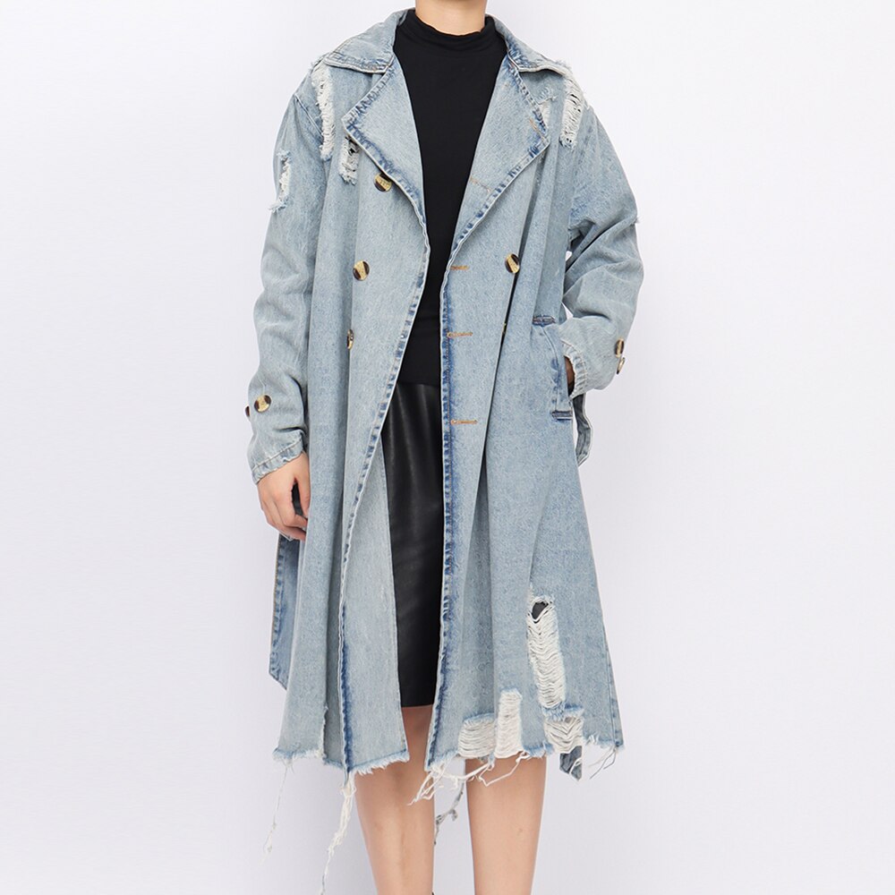 TWOTWINSTYLE Hole Hollow Out Denim Trench Coat For Women Lapel Long Sleeve Double Breasted Solid Coats Female Clothing  New