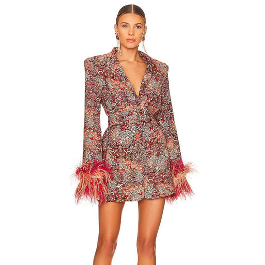 V-neck Floral Dress with Decorative Feathers