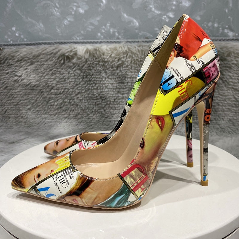 Picture-Print Floral Patent High Heels