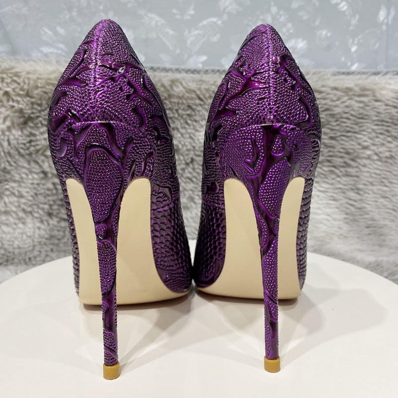 Tikicup Purple Embossed Crocodile Effect Women Pointy Toe Slip On High Heel Shoes for Party Sexy Ladies Dress Stiletto Pumps