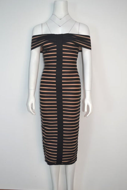 Off-Shoulder Black Stripe Midi Bandage Dress