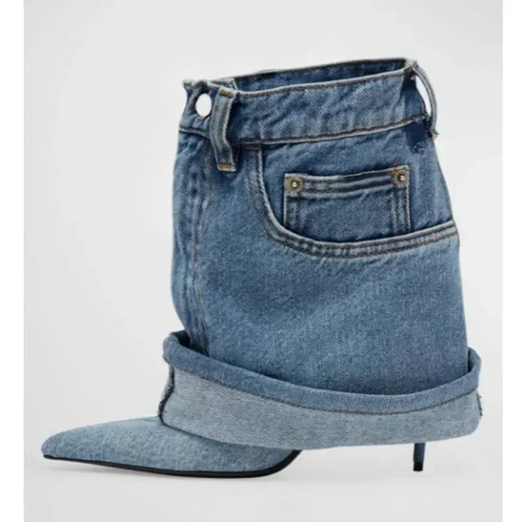 Denim Fine High Heel Skirt Boots