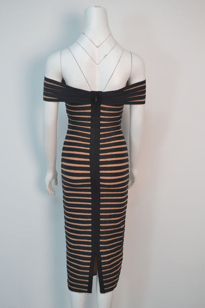 Off-Shoulder Black Stripe Midi Bandage Dress