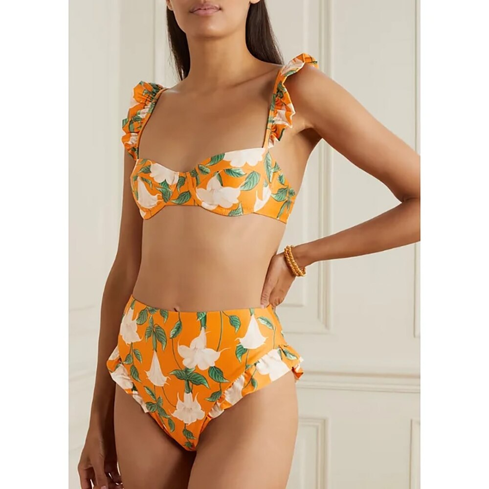 Ruffled High Waist Swimwear and Wrap Skirt Set One Piece Swimsuit