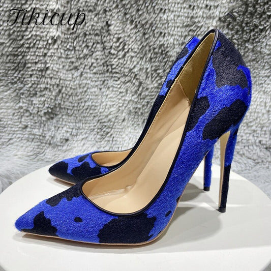 Tikicup Blue Cow Women Hairy Flock Pointy Toe High Heel Shoes Comfortable Elegant Ladies Formal Dress Slip On Stiletto Pumps