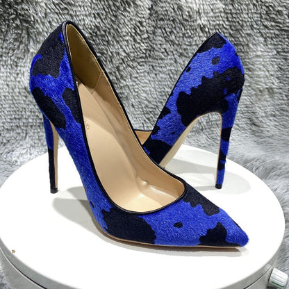 Tikicup Blue Cow Women Hairy Flock Pointy Toe High Heel Shoes Comfortable Elegant Ladies Formal Dress Slip On Stiletto Pumps